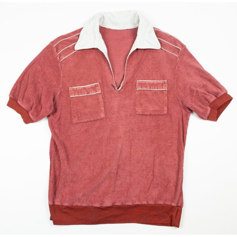 Vintage 50s Terry Cloth Polo Shirt Men's Fits Small Red White Piped Resortwear